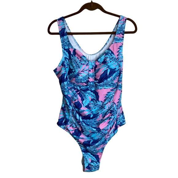 5/$25 Tropical Blue and Pink Women3XL One Piece Swimsuit Tropical Ruched - Picture 1 of 8